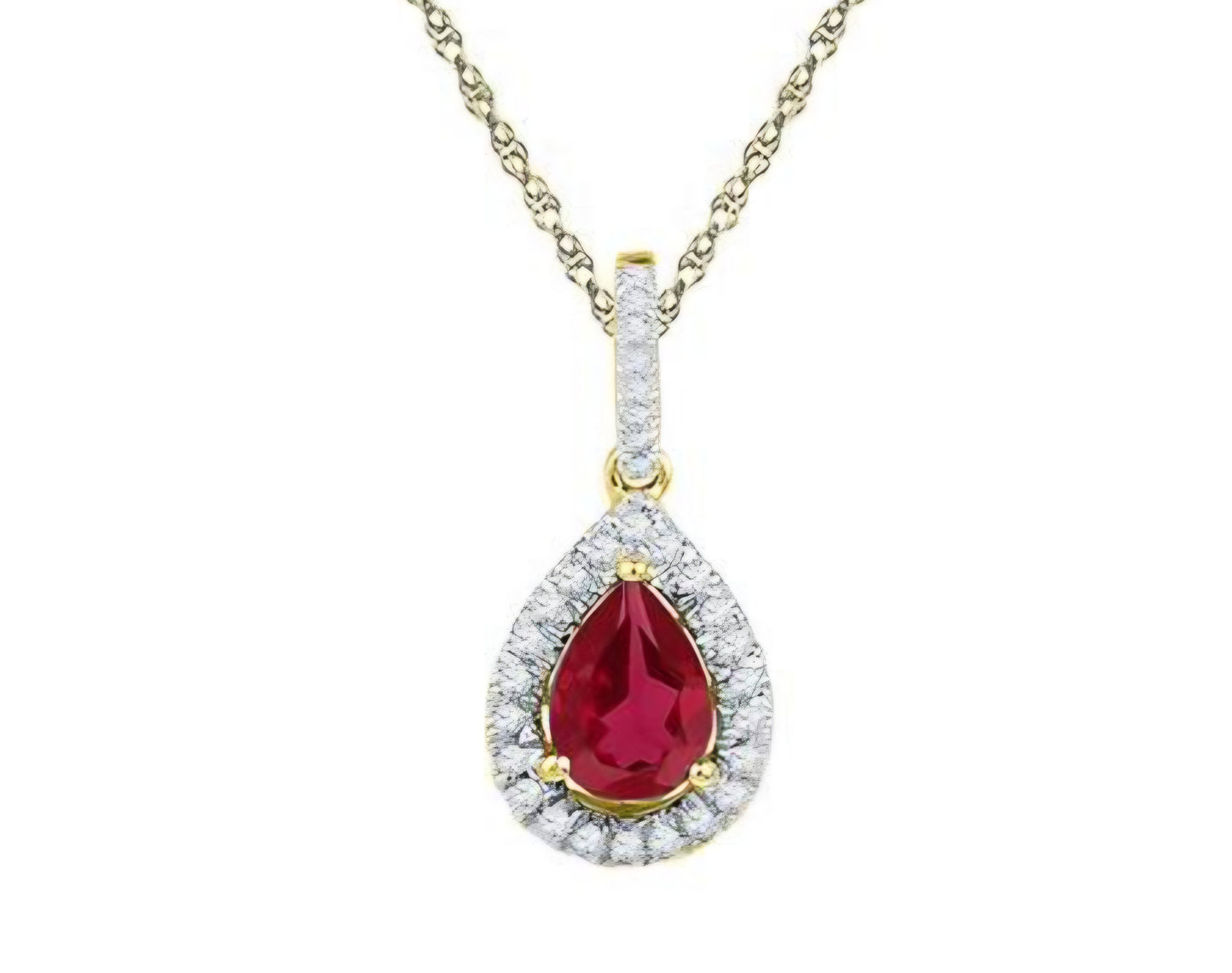 10k Yellow Gold Pear Synthetic Ruby Solitaire Diamond Pendant 1-7/8 Cttw