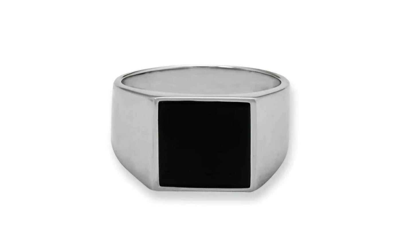 Rhodium Plated Black Onyx Square Signet Ring