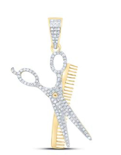 10kt Yellow Gold Round Diamond Scissors Comb Barber Charm Pendant 3/4 Cttw