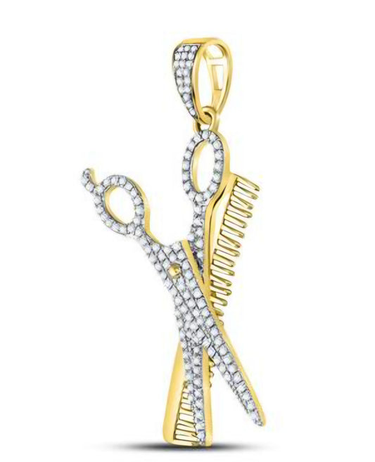 10kt Yellow Gold Round Diamond Scissors Comb Barber Charm Pendant 3/4 Cttw