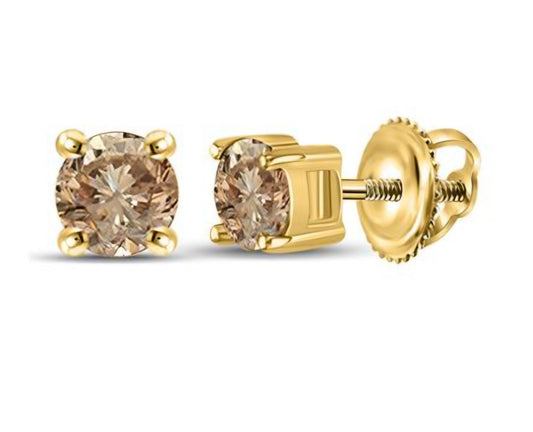 10kt Yellow Gold Womens Round Brown Diamond Stud Earrings 1/2 Cttw