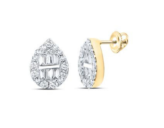 10kt Yellow Gold Baguette Diamond Teardrop Earrings 3/8 Cttw