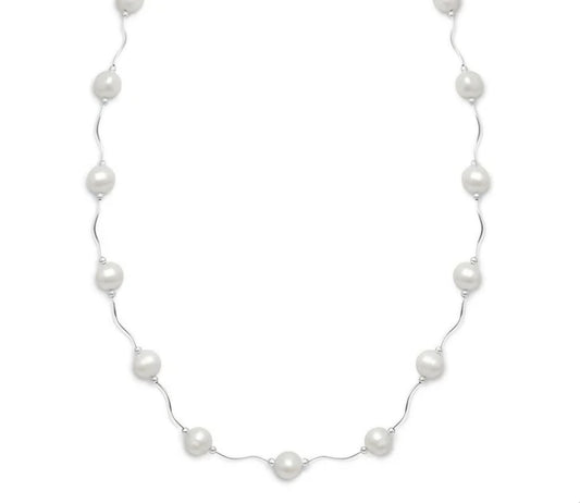 16"+2" Extension Wave Design Necklace with Cultured Freshwater Pearls