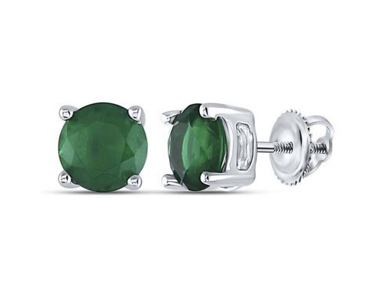 Sterling Silver Round Synthetic Emerald Solitaire Stud Earrings 2 Cttw