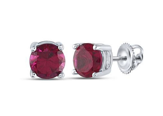 Sterling Silver Round Synthetic Ruby Stud Earrings 2 Cttw