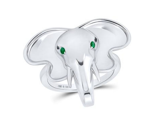 Sterling Silver Round Emerald Elephant Animal Ring .03 Cttw