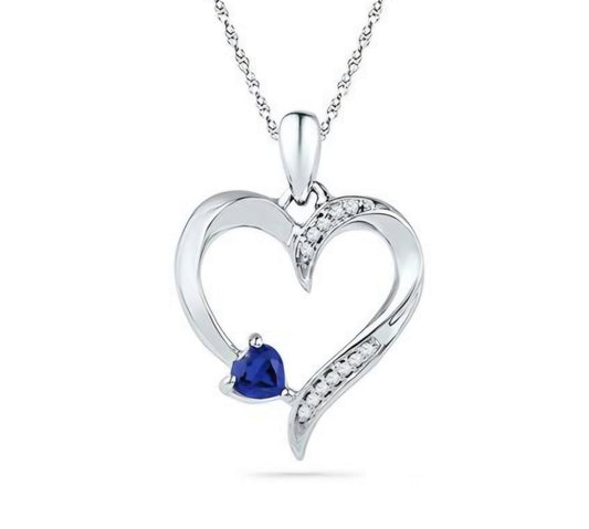 Sterling Silver Round Synthetic Blue Sapphire Heart Pendant 1/4 Cttw