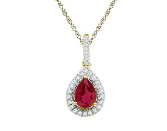 10k Yellow Gold Pear Synthetic Ruby Solitaire Diamond Pendant 1-7/8 Cttw