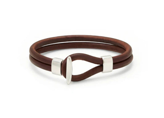 9" Men's Leather and Silver Tone Bracelet