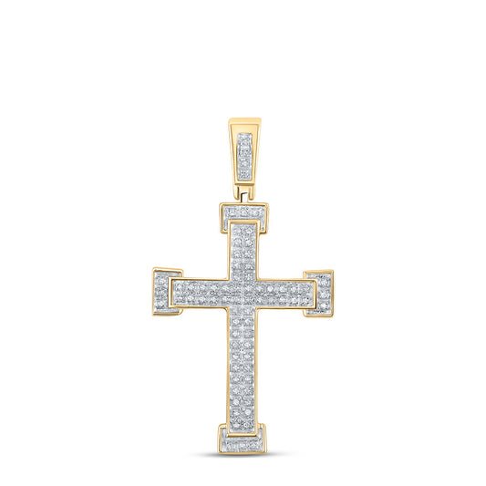 10kt Yellow Gold Mens Round Diamond Roman Cross Religious Charm Pendant 1/5 Cttw