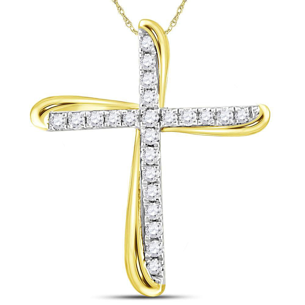 14kt Two-tone Gold Womens Round Diamond Cross Pendant 1/8 Cttw