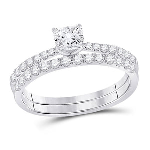 14kt White Gold Cushion Diamond Bridal Wedding Ring Band Set 1-1/5 Cttw