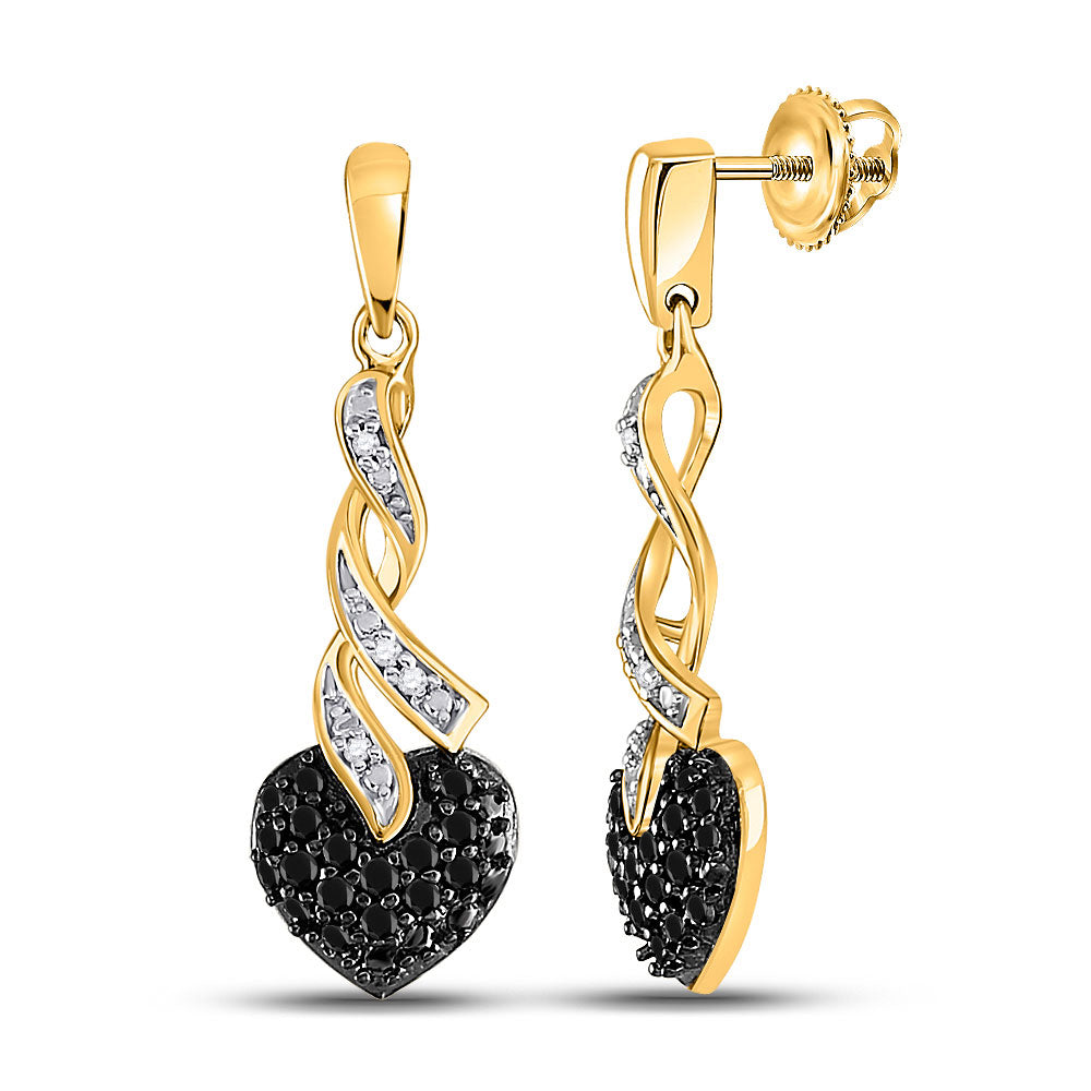 10kt Yellow Gold Womens Round Black Color Enhanced Diamond Heart Earrings 1/5 Cttw
